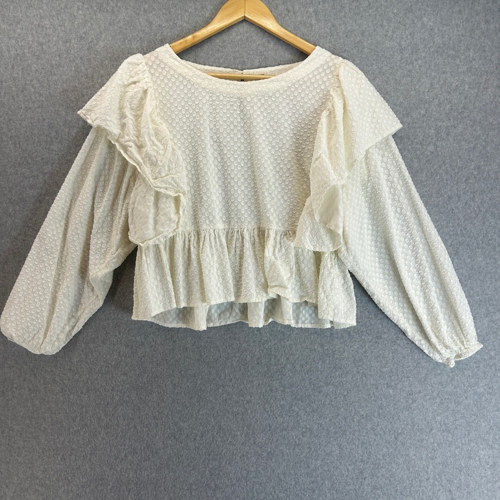Warm Ivory Pixie Blouse Ruffle Trim Long Sleeve Texture Peplum Top Womens Size 1